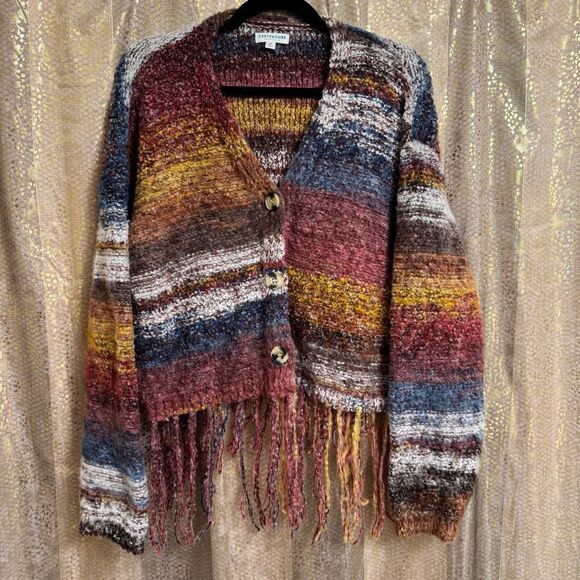 Earthbound Trading Co. Funky Fringe Boho Cropped Wool Cardigan Top Medium - Picture 1 of 9